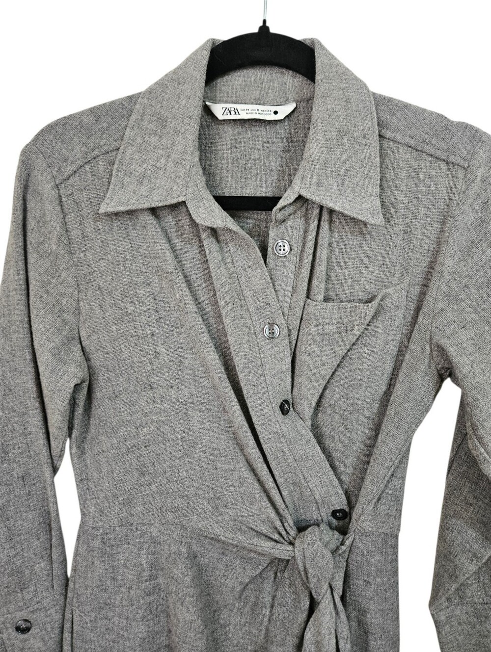 ZARA Wool Blend Heathered Grey Midi Wrap Shirt Dress M Dark Academia Office - Picture 4 of 12